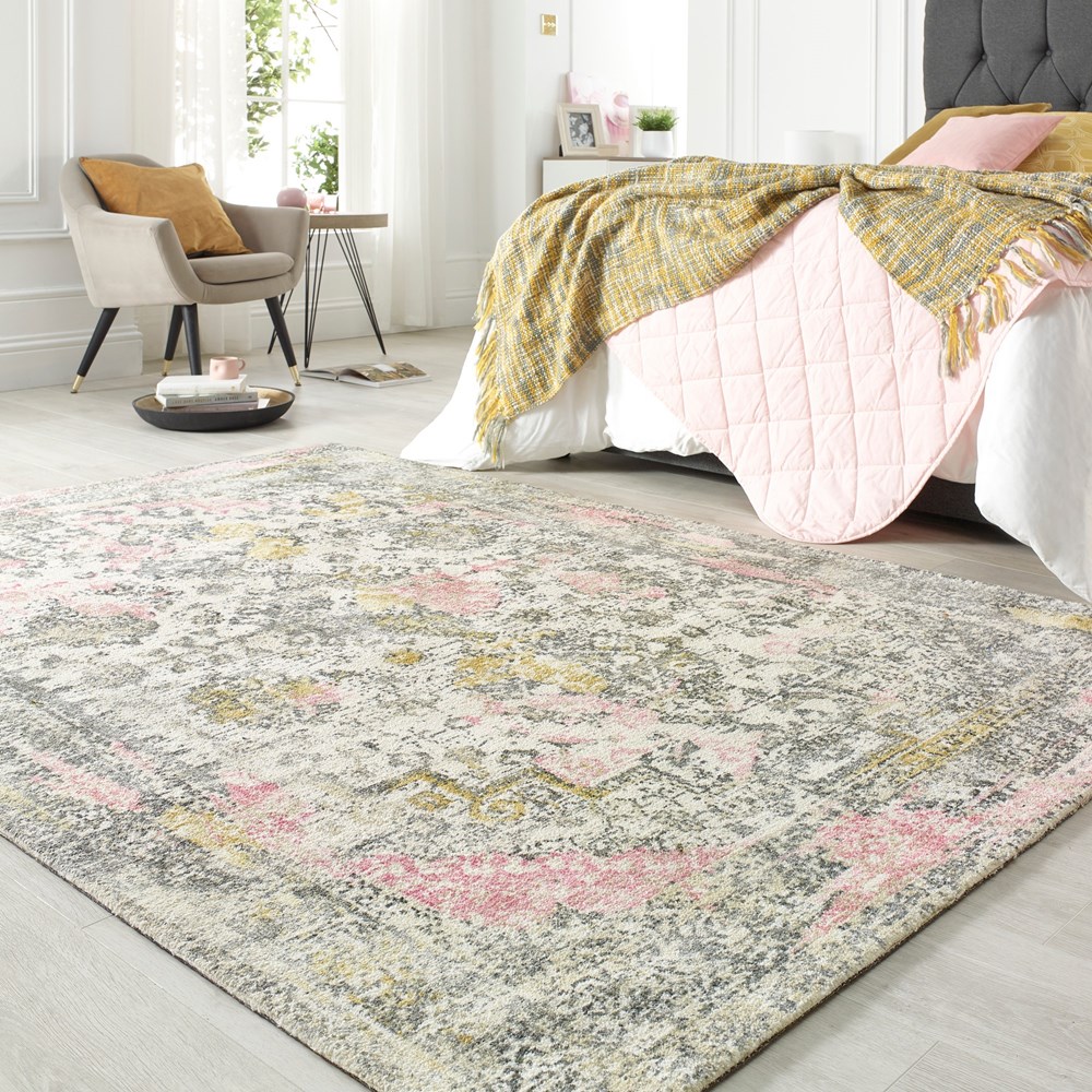 Vogue Traditional Distressed Rugs in Pink Ochre Yellow